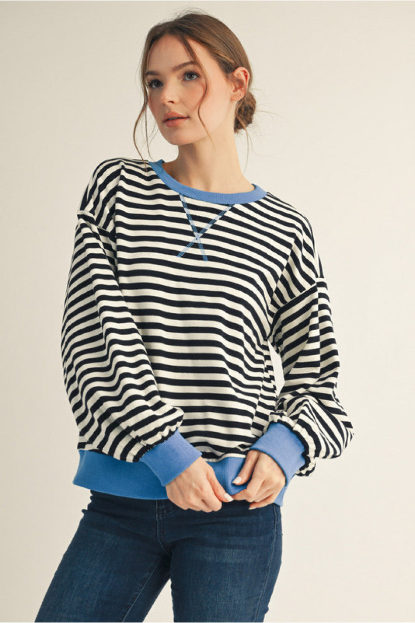 Blueberry Striped Puff Sleeve Top - Blue