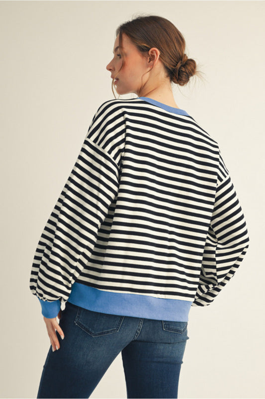 Blueberry Striped Puff Sleeve Top - Blue