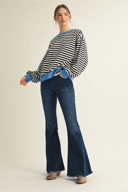 Blueberry Striped Puff Sleeve Top - Blue