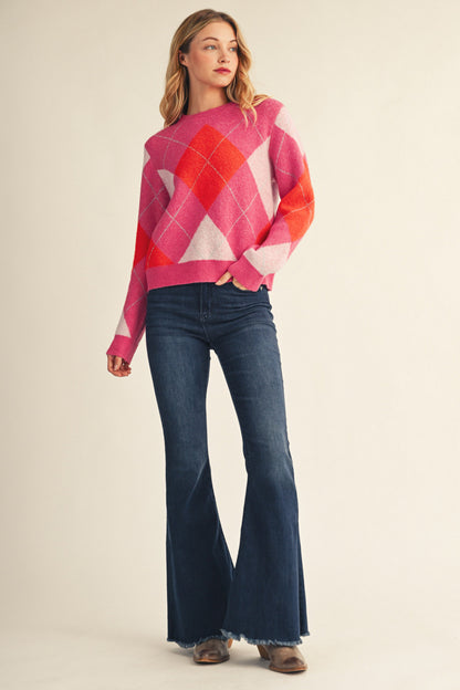 The Pink Prep Sweater | Pink & Orange Argyle Knit Top