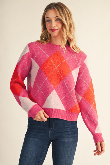 The Pink Prep Sweater | Pink & Orange Argyle Knit Top