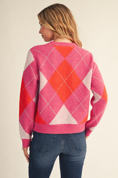 The Pink Prep Sweater | Pink & Orange Argyle Knit Top