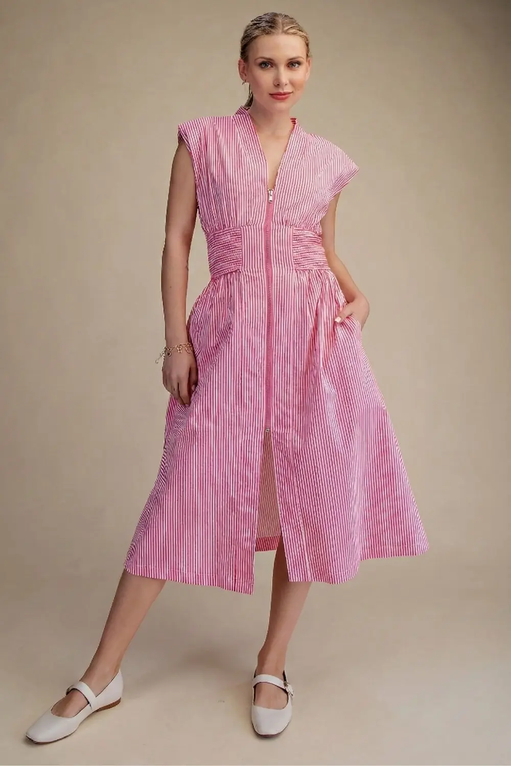 Evette Striped Zip Front Midi Dress - Pink - Delta Swanky Girl