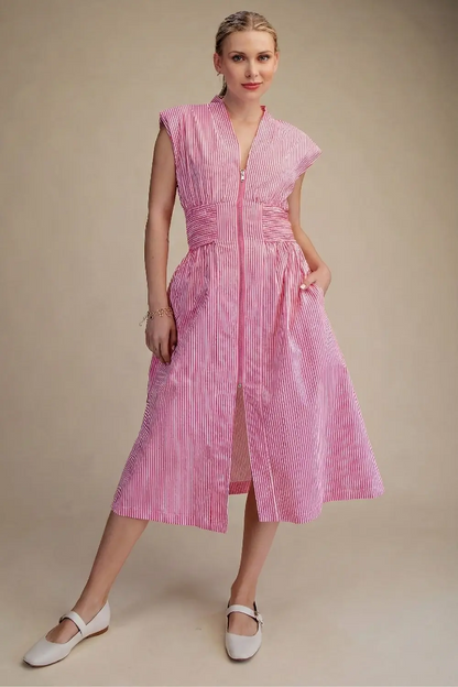 Evette Striped Zip Front Midi Dress - Pink - Delta Swanky Girl