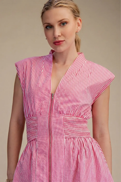 Evette Striped Zip Front Midi Dress - Pink - Delta Swanky Girl
