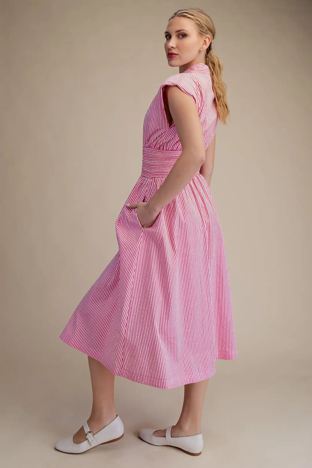 Evette Striped Zip Front Midi Dress - Pink - Delta Swanky Girl