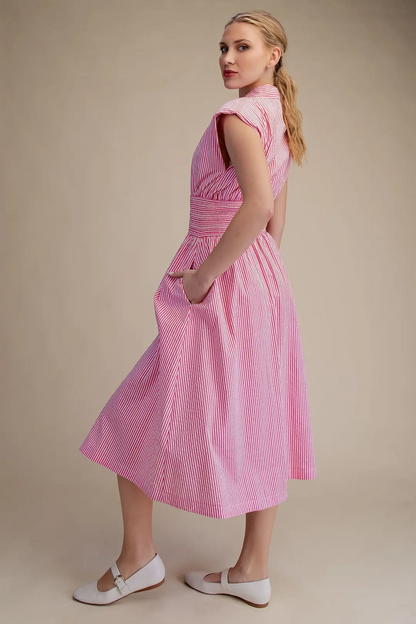 Evette Striped Zip Front Midi Dress - Pink - Delta Swanky Girl