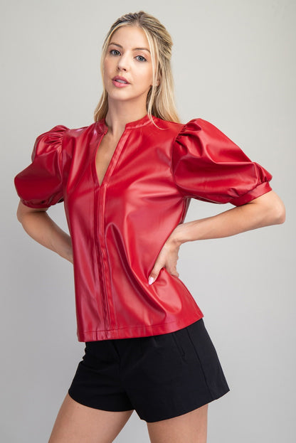 Lipstick Leather Puff Sleeve Top (Red)