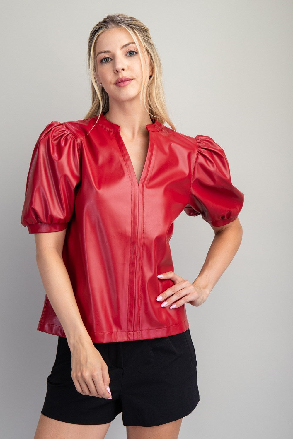 Lipstick Leather Puff Sleeve Top (Red)