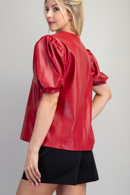 Lipstick Leather Puff Sleeve Top (Red)