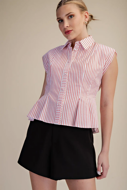 Samera Stripe Button Up Top - Red - Delta Swanky Girl