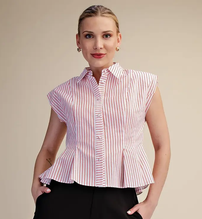 Samera Stripe Button Up Top - Red - Delta Swanky Girl