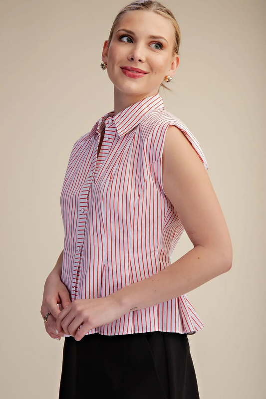 Samera Stripe Button Up Top - Red - Delta Swanky Girl