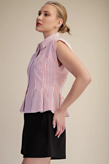 Samera Stripe Button Up Top - Red - Delta Swanky Girl