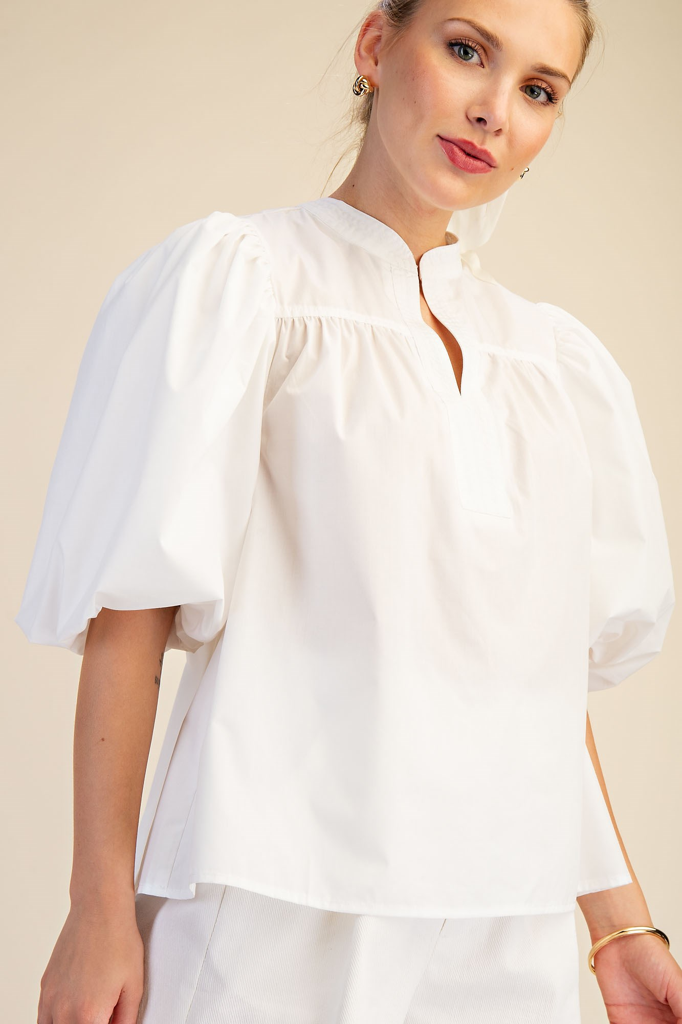 Lyla Puff Sleeve Poplin Top - White - Delta Swanky Girl