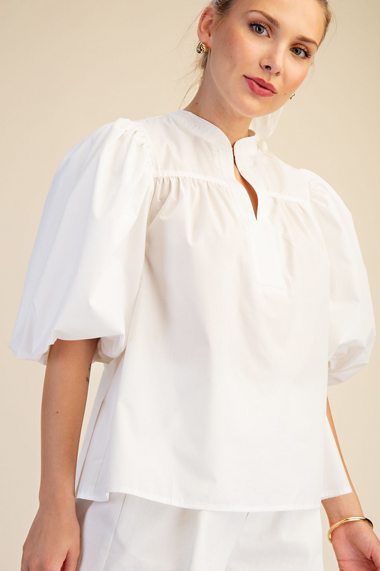 Lyla Puff Sleeve Poplin Top - White - Delta Swanky Girl
