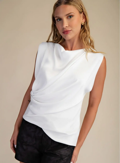 Farrah Drape Neck Gathered Top - White - Delta Swanky Girl