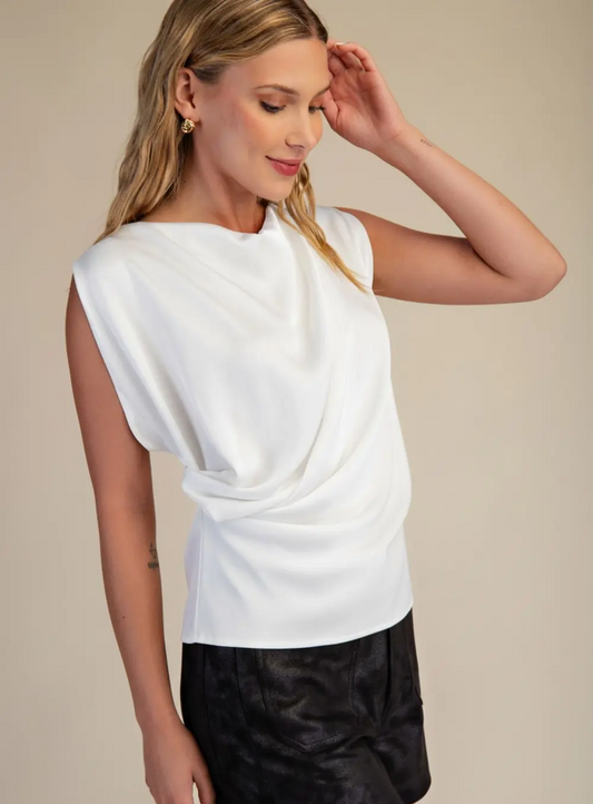 Farrah Drape Neck Gathered Top - White - Delta Swanky Girl