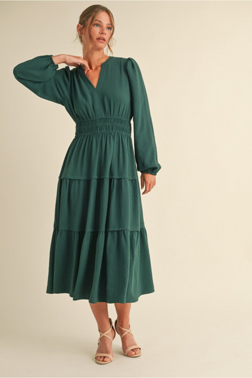 Anastasia Smocked Long Sleeve Dress (Green)