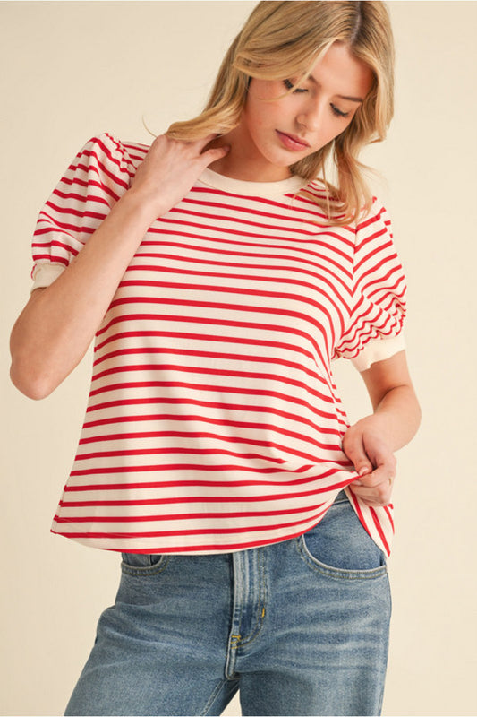 Alex Striped Balloon Sleeve Top (Red)