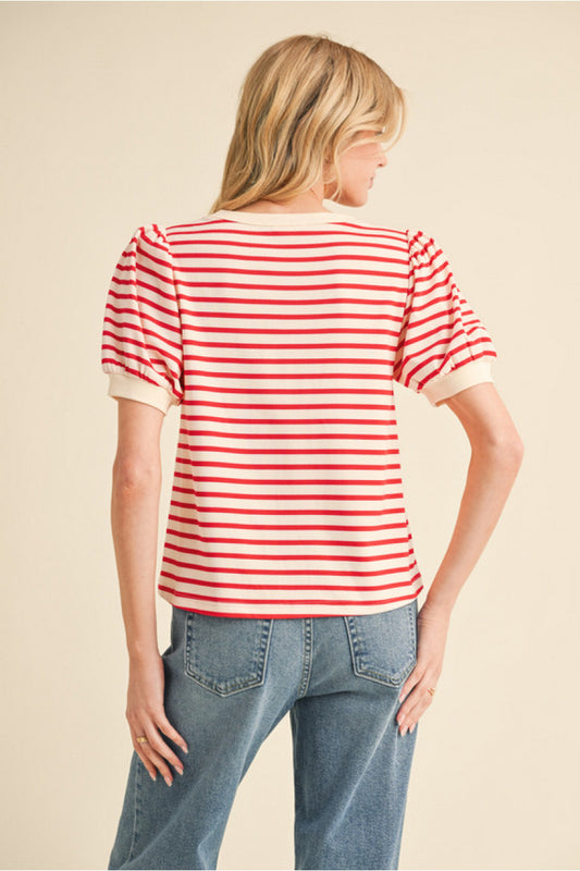 Alex Striped Balloon Sleeve Top (Red)