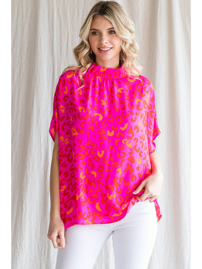 Look Out Mock Neck Top (Hot Pink Leopard)