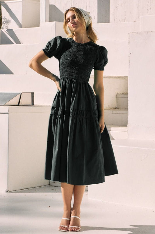 Sophie Smocked Midi Dress (Black)