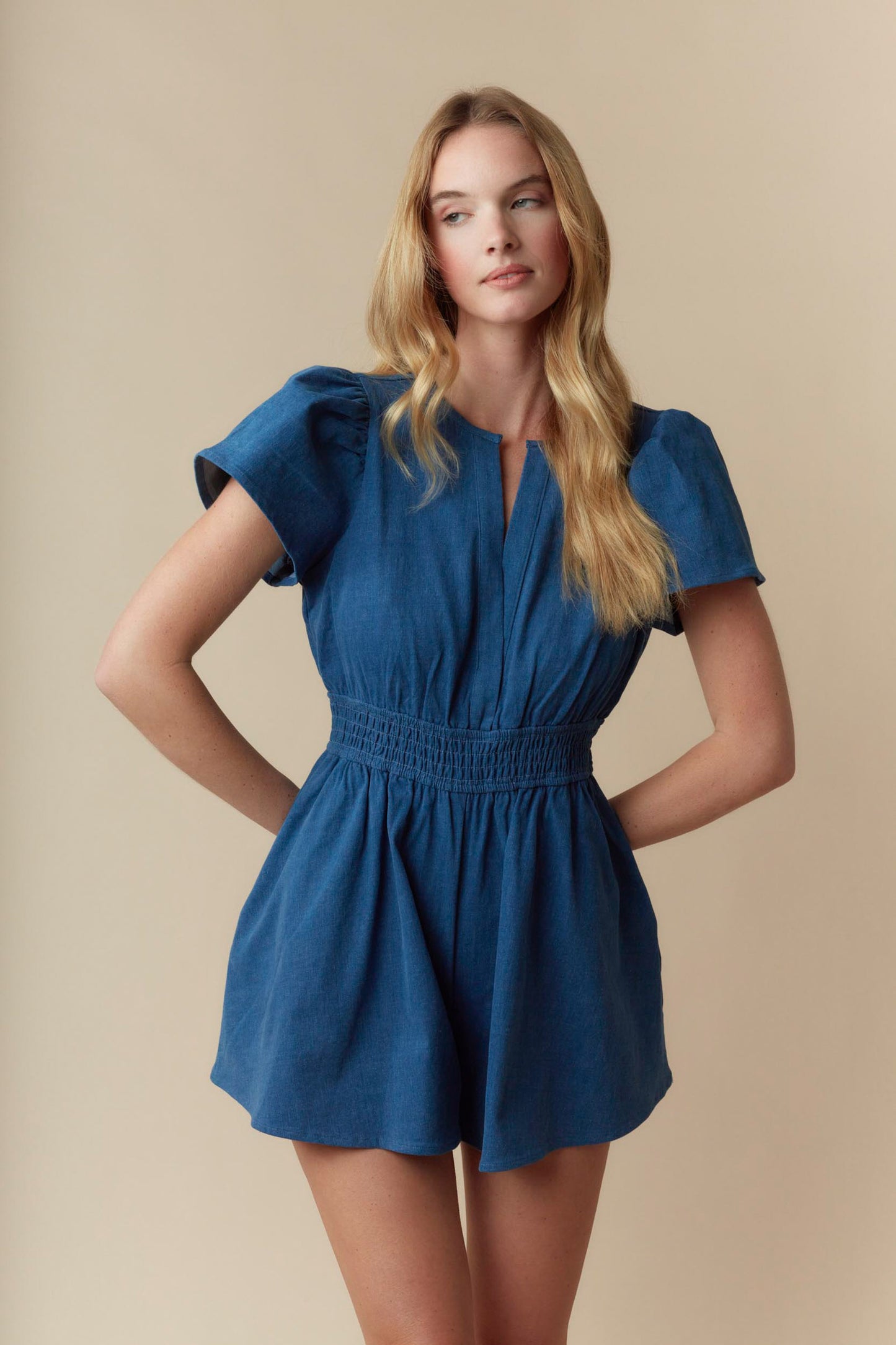 Prime Blue Denim Smocked Romper - Delta Swanky Girl