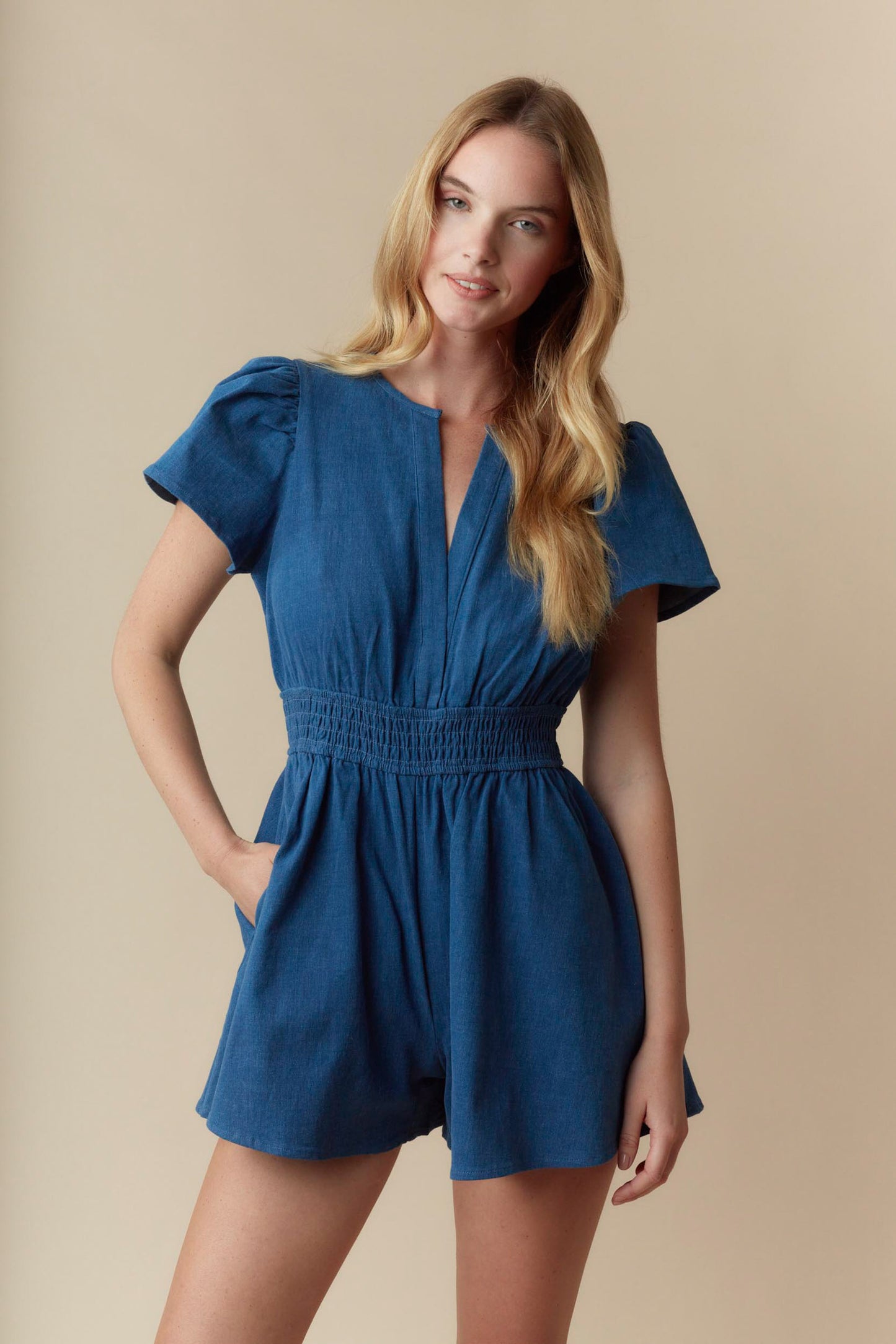Prime Blue Denim Smocked Romper - Delta Swanky Girl