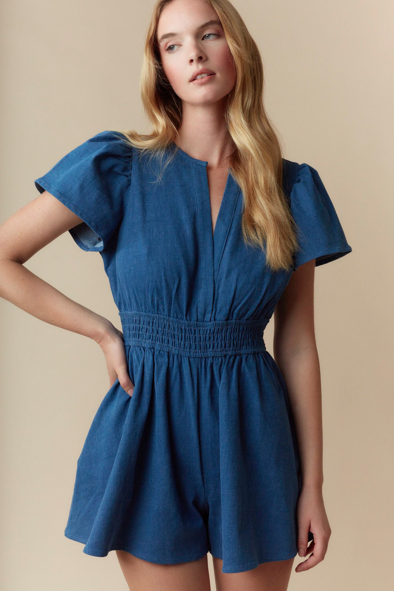 Prime Blue Denim Smocked Romper - Delta Swanky Girl