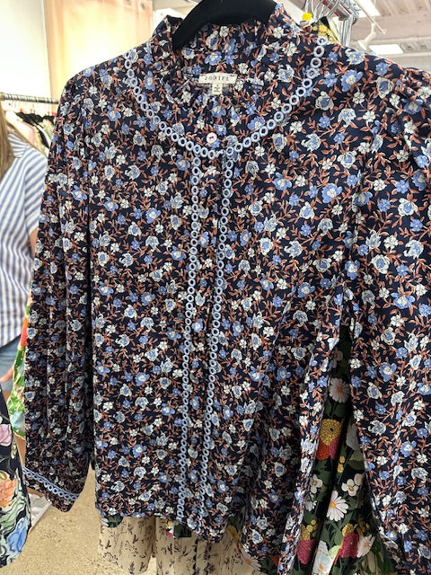 Ditsy Floral Print Button Top - Navy