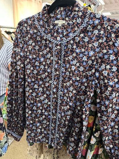 Ditsy Floral Print Button Top - Navy