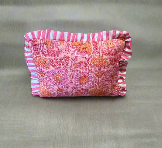Handmade Quilted Cosmetic Bag - Pink Poppy