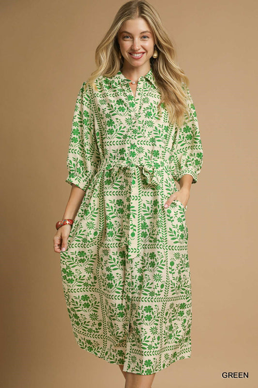 Sincerely Me Button Front Floral Dress - Green