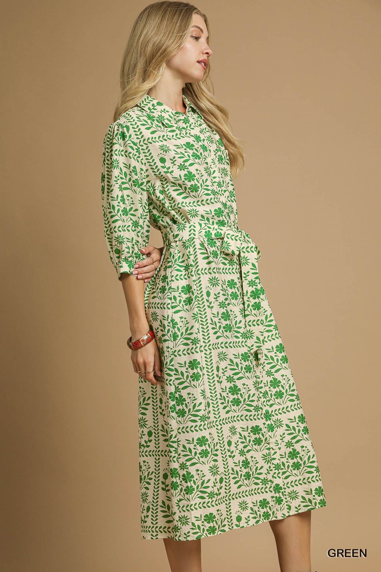 Sincerely Me Button Front Floral Dress - Green