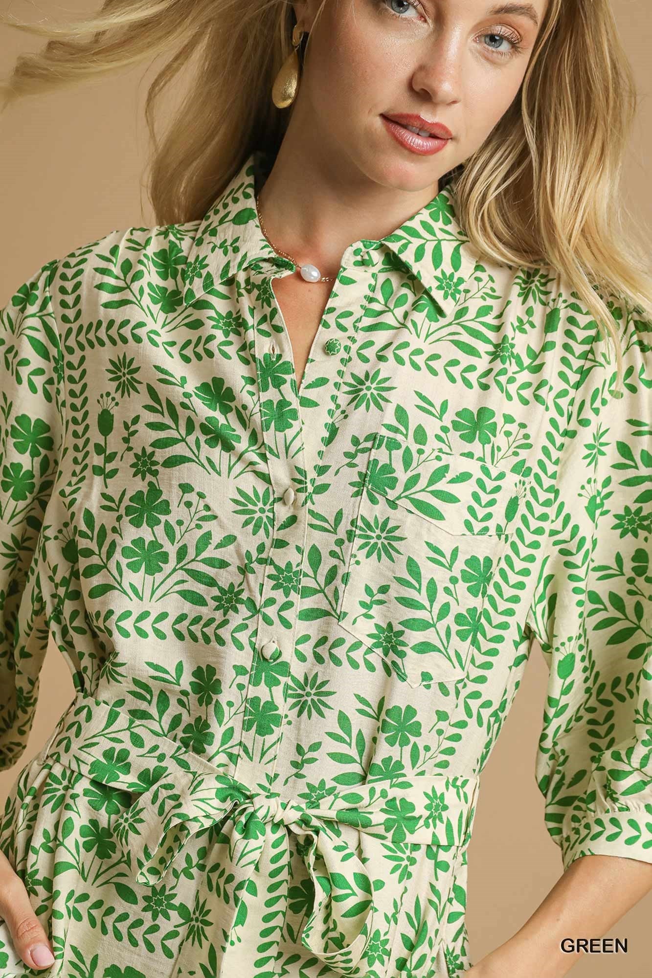 Sincerely Me Button Front Floral Dress - Green
