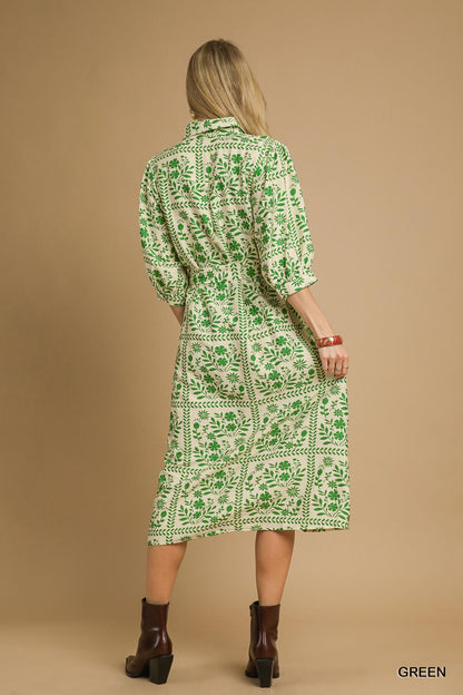 Sincerely Me Button Front Floral Dress - Green