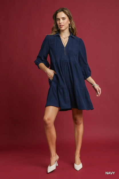 Charming Grace Corduroy Dress - Navy