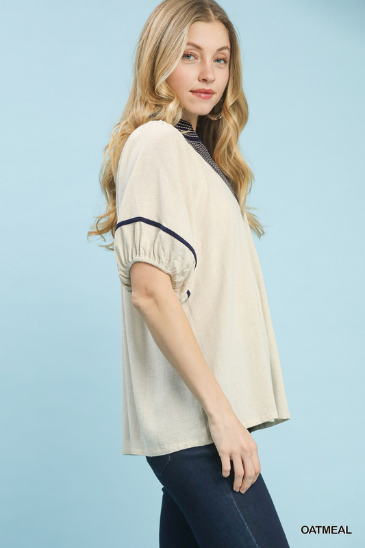 Southern Prep Linen Puff Sleeve Top - Oatmeal