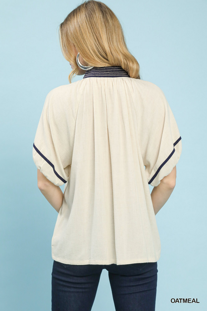 Southern Prep Linen Puff Sleeve Top - Oatmeal