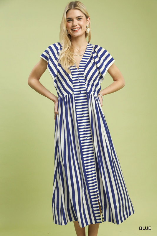 Bistro Striped Button Front Midi Dress - Delta Swanky Girl