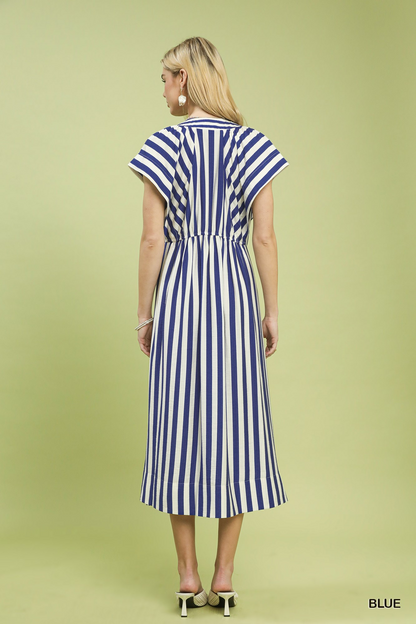 Bistro Striped Button Front Midi Dress - Delta Swanky Girl