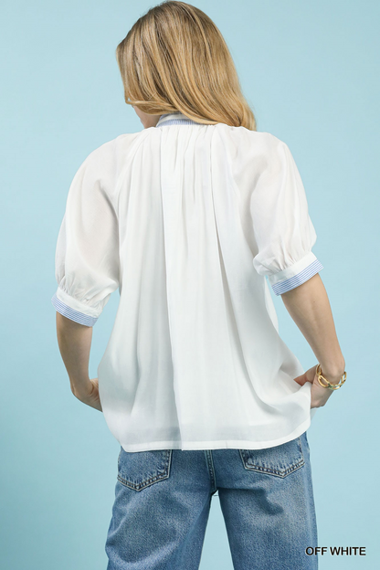 Boho Vibes Contrast Trim Pleated Top - White - Delta Swanky Girl