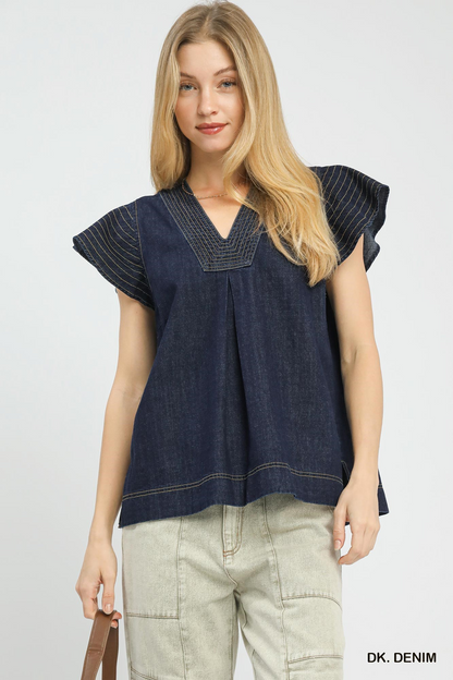 Meet You There Denim Cap Sleeve Top - Delta Swanky Girl