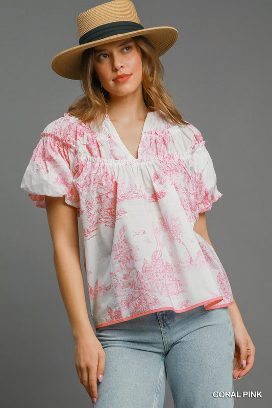 Farrah Toile Babydoll Top (Pink)