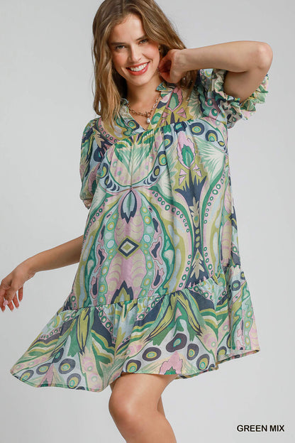 Vintage Time Abstract Dress (Green Mix)