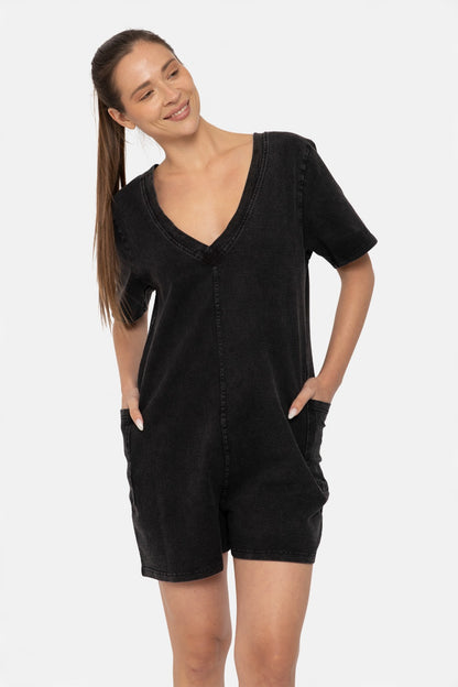 Vintage Mineral Wash V-Neck Romper - Black