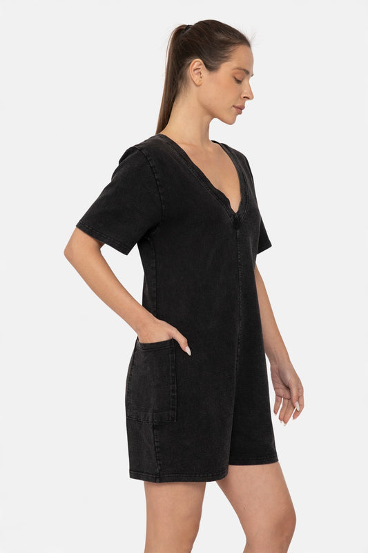 Vintage Mineral Wash V-Neck Romper - Black