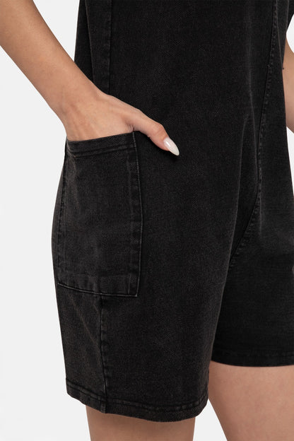 Vintage Mineral Wash V-Neck Romper - Black