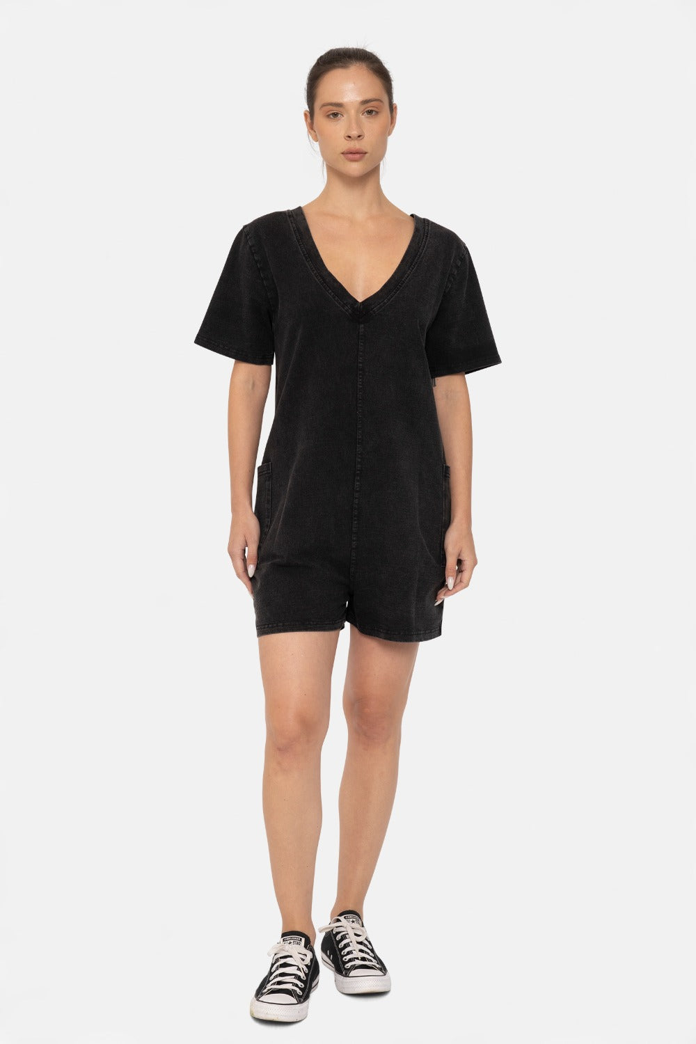 Vintage Mineral Wash V-Neck Romper - Black